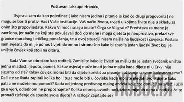 "Zamislite kako je živjeti s mišlju da je jedan svećenik uništio jednu mladost...", pismo iz rujna 2017. (Foto: Novosti)