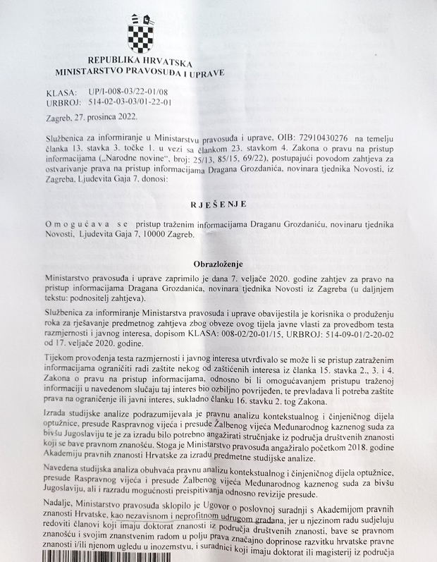 Faksimil rješenja kojim se Novostima, nakon gotovo tri godine, omogućava pristup traženim informacijama