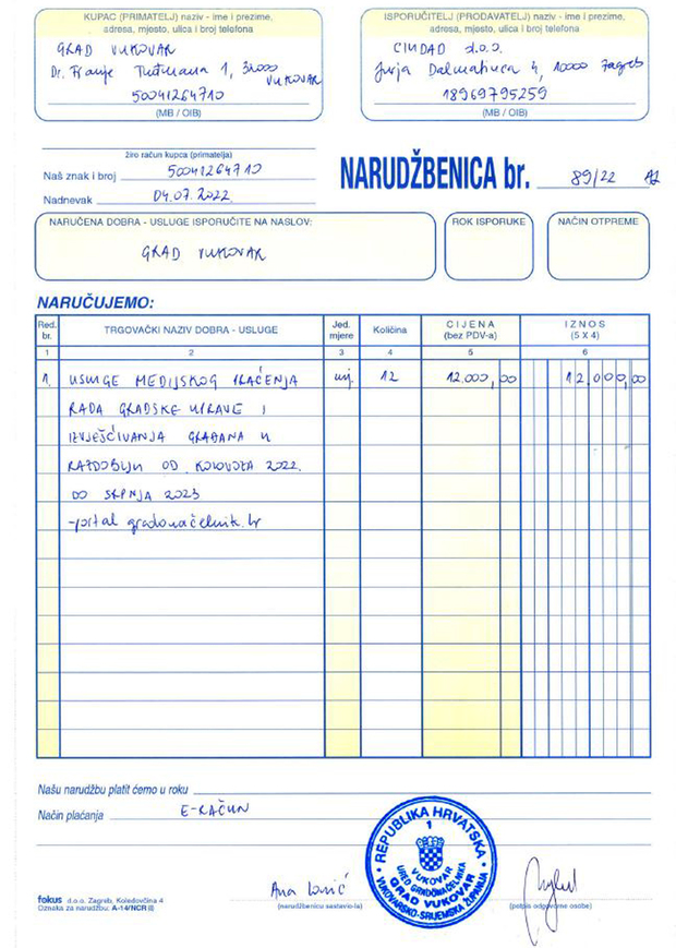 Narudžbenica iz srpnja 2022. za usluge medijskog praćenja na portalu Gradonačelnik.hr