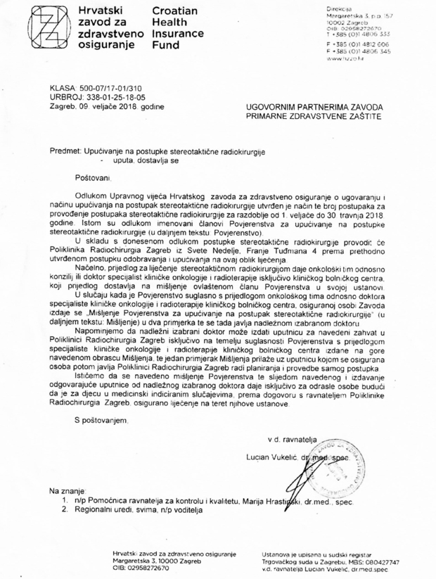 Odluka HZZO-a iz 2018. da postupke stereotaktične radiokirurgije provodi Radiochirurgia