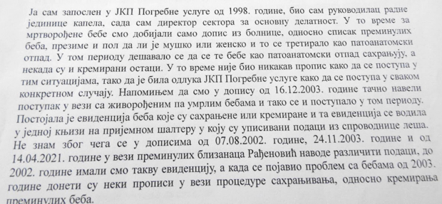 Iz svjedočenja zaposlenika Pogrebnih usluga da su tijela preminulih beba tretirali kao patoanatomski otpad