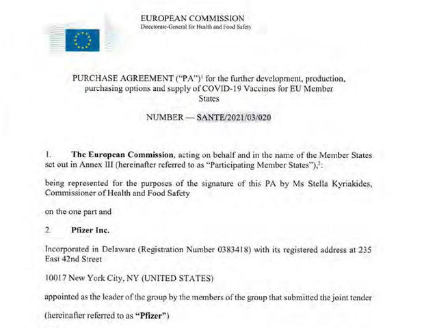 Faksimil ugovora Europske komisije s Pfizerom