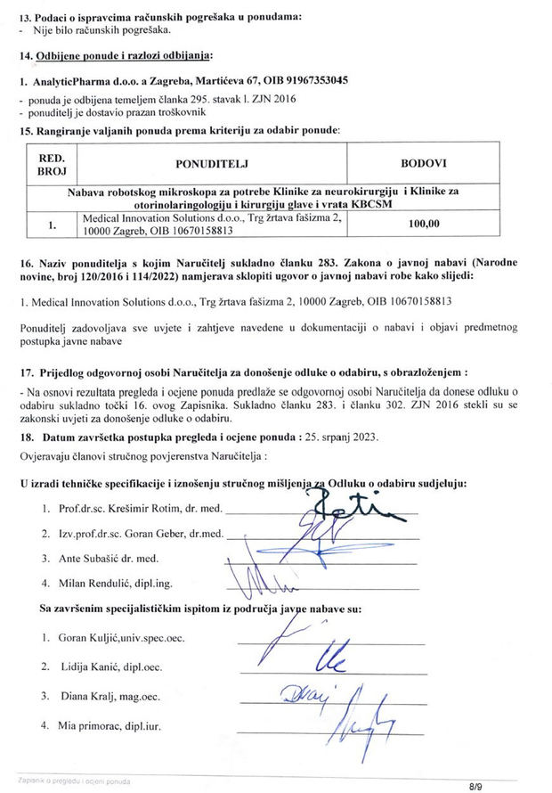 Zapisnik o pregledu i ocjeni ponuda iz kojeg se vidi da je Krešimir Rotim prvi na popisu stručnjaka koji su izradili tehničke specifikacije i donijeli stručno mišljenje o odabiru tvrtke MIS (Foto: Novosti)