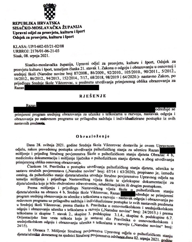 Rješenje kojim se za Razan određuje "primjereni program srednjeg obrazovanja za učenike s teškoćama u razvoju"