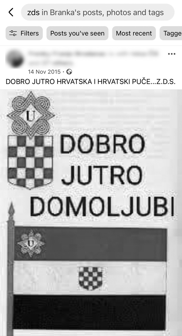 Ustaško znakovlje i pozdrav na fejsbuk objavi, tagirana Baksa nije odstranila svoje ime (Foto: Facebook/screenshot)