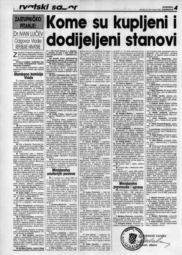 Vladin odgovor o dodijeljenim stanovima iz 1992. 